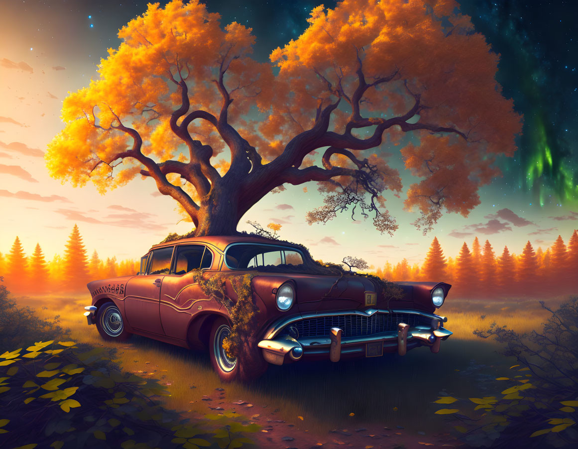 Vintage Car Parked Under Orange-Leaved Tree with Aurora Night Sky & Sunset Landscape