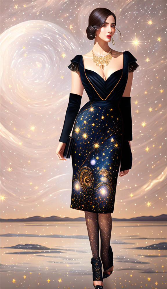 Woman in cosmic-themed dress with galaxies and stars, chic necklace and heels