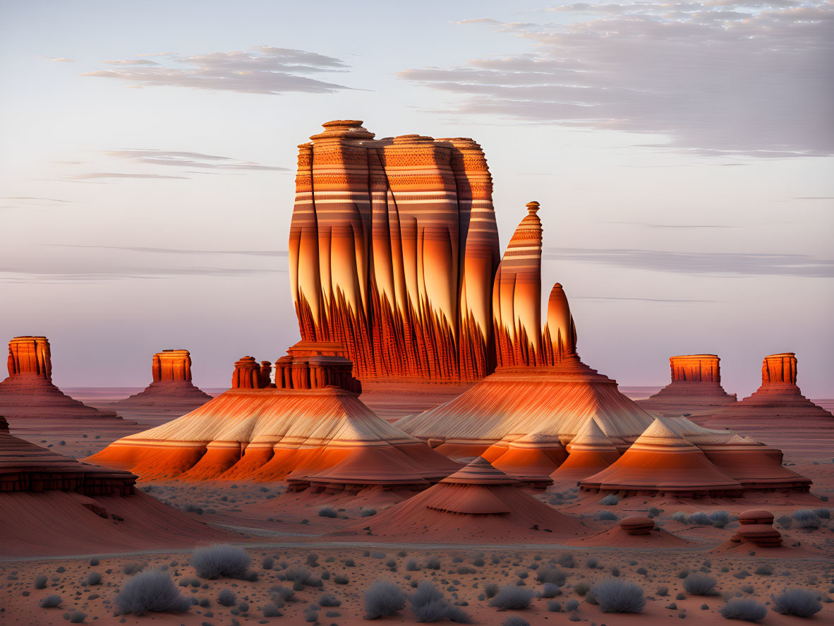 Striated rock formations in surreal desert landscape