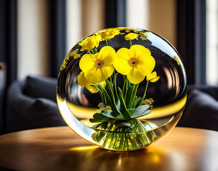 Vivid yellow flowers reflected in crystal ball on wooden surface