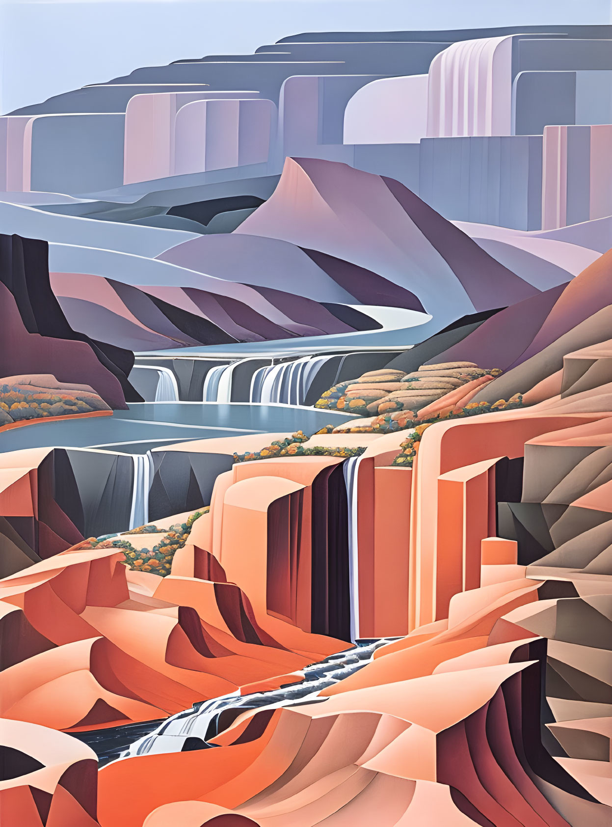 Stylized landscape with waterfalls, rivers, & colorful rock formations