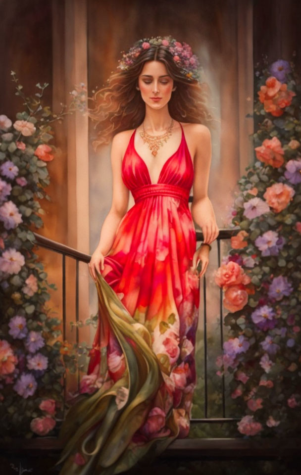 Woman in Red Floral Dress on Balcony with Roses and Floral Crown