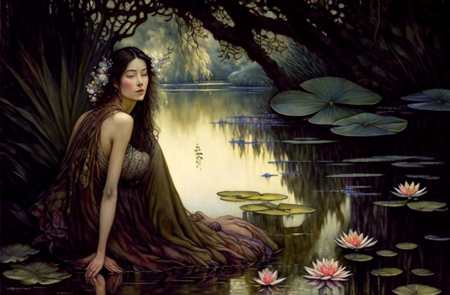 Woman with floral headpiece by pond with water lilies and lotus flowers in lush greenery.