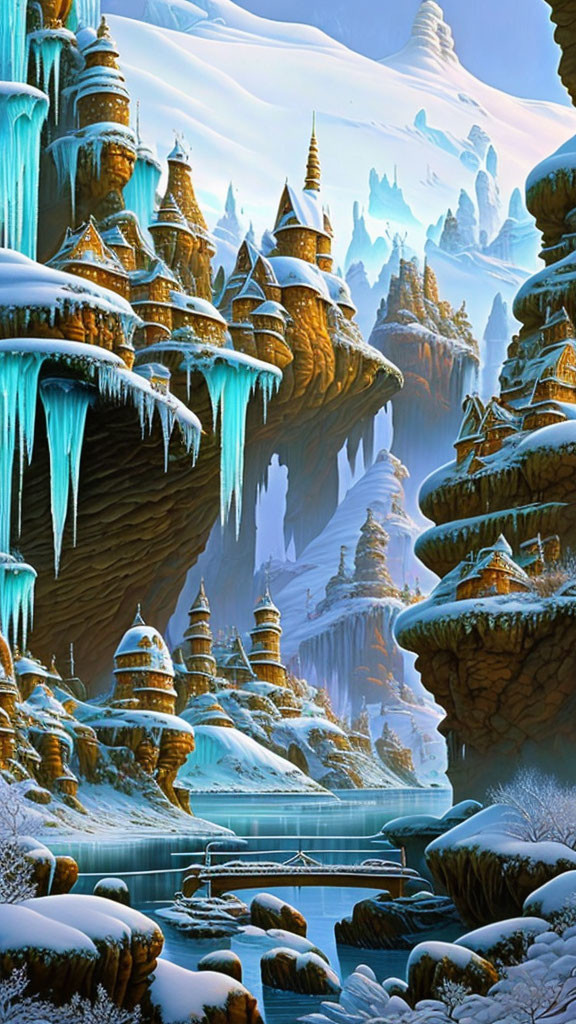 Fantastical winter landscape with icy spires and snow-covered towers