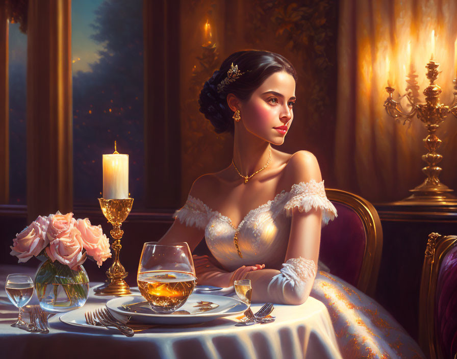 Vintage dress woman at elegant table with candles and roses in warm, golden light.