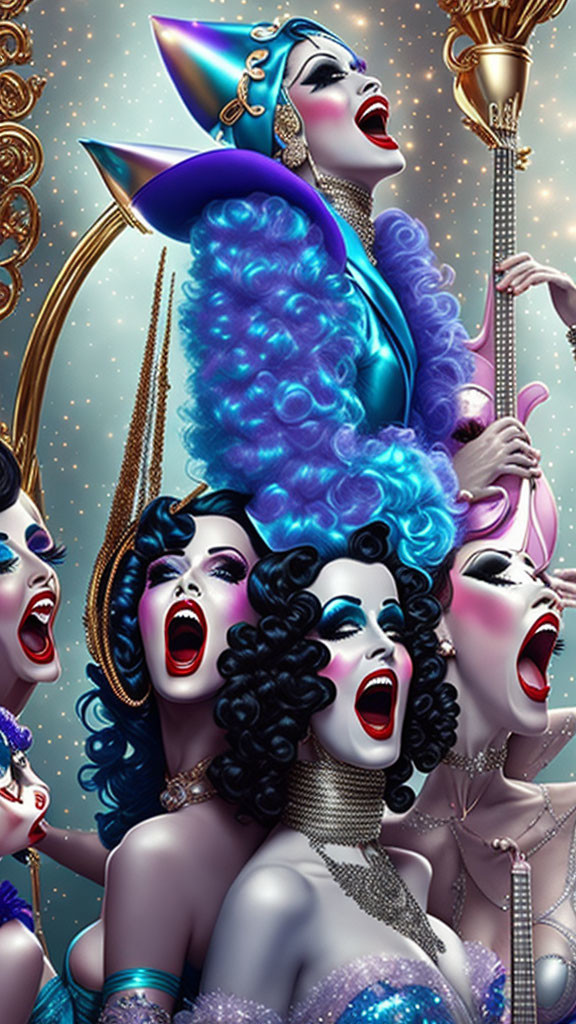 Colorful drag queens with exaggerated makeup and elaborate hairstyles against glittery backdrop