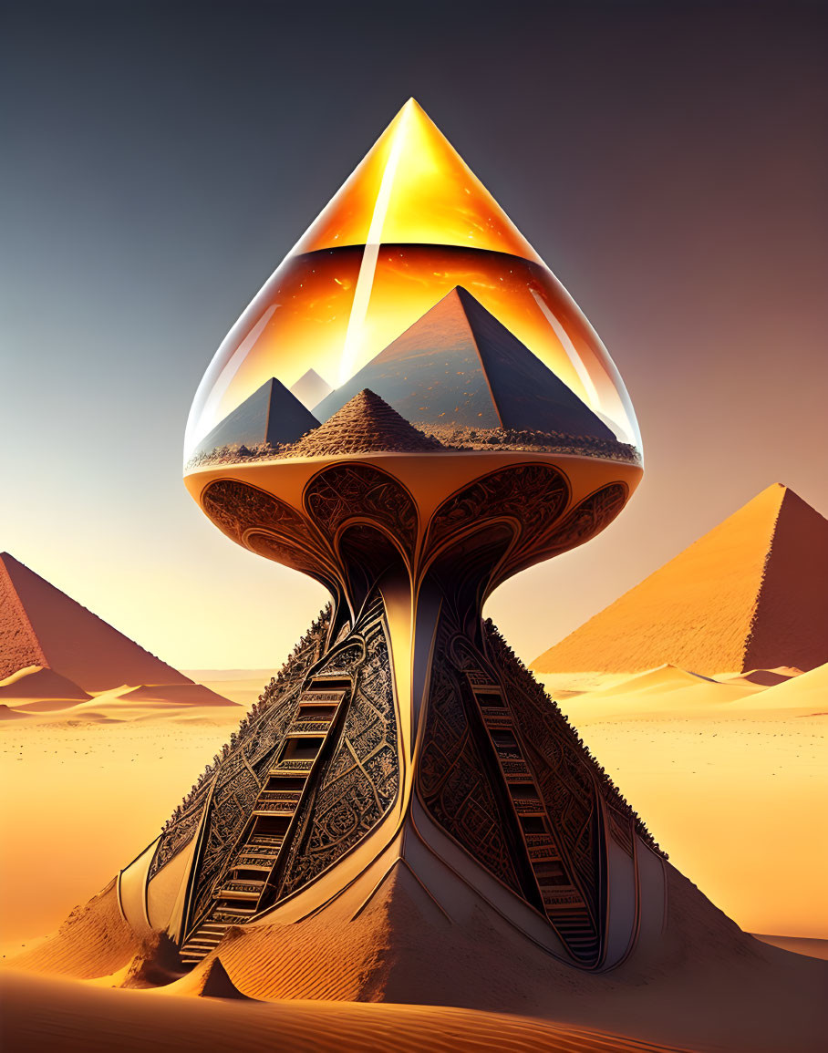 Surrealistic hourglass with pyramids and mountains in desert landscape