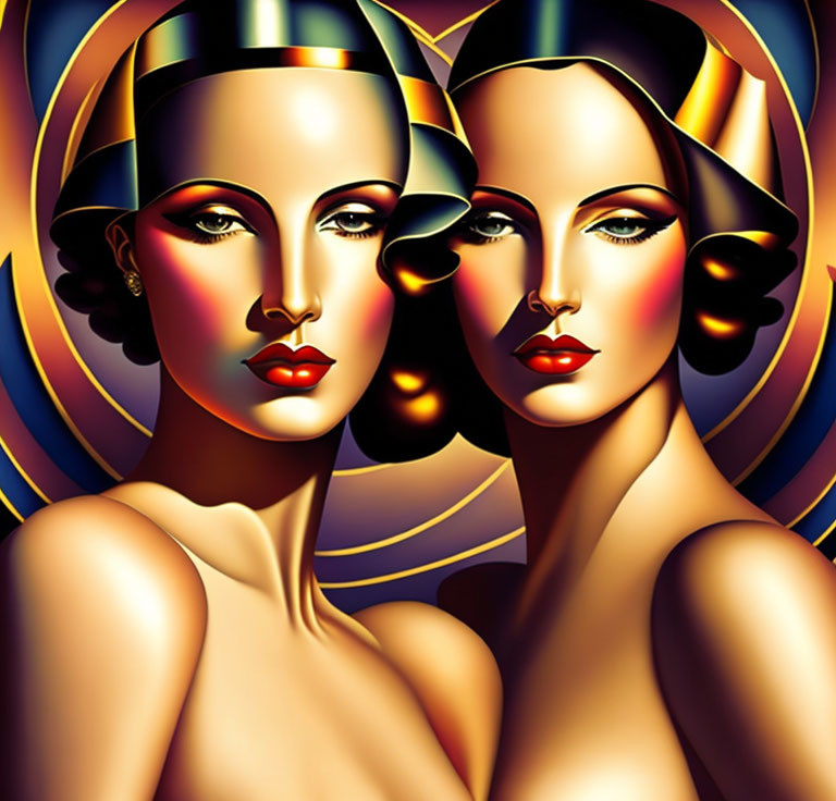 Stylized women with vibrant makeup and golden headdresses on dark gradient background