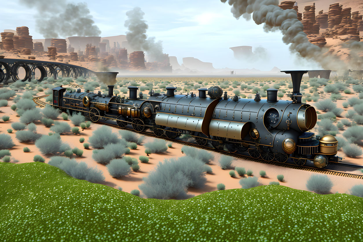 Vintage steam locomotive in desert landscape with rocky plateaus and bridge emitting smoke