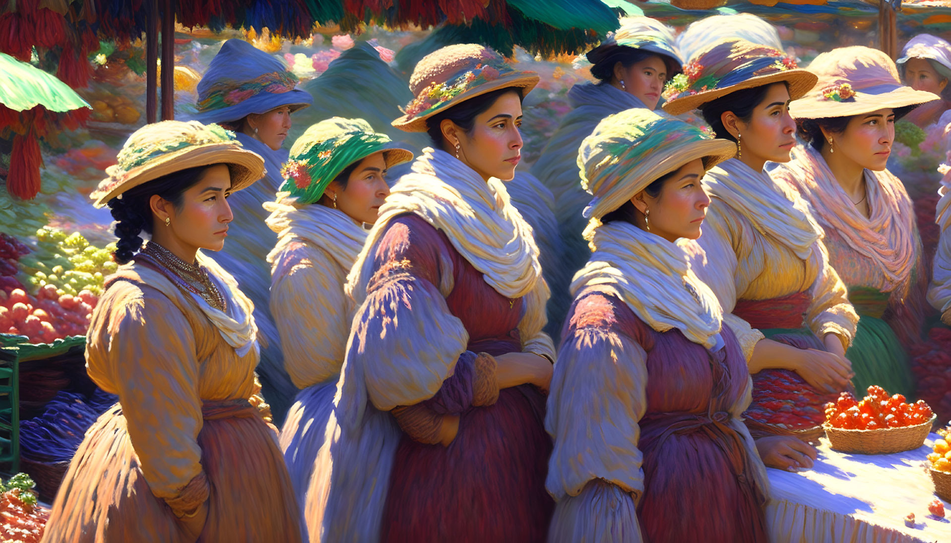 Women in Bonnets and Shawls at Colorful Market with Vibrant Sunlit Hues