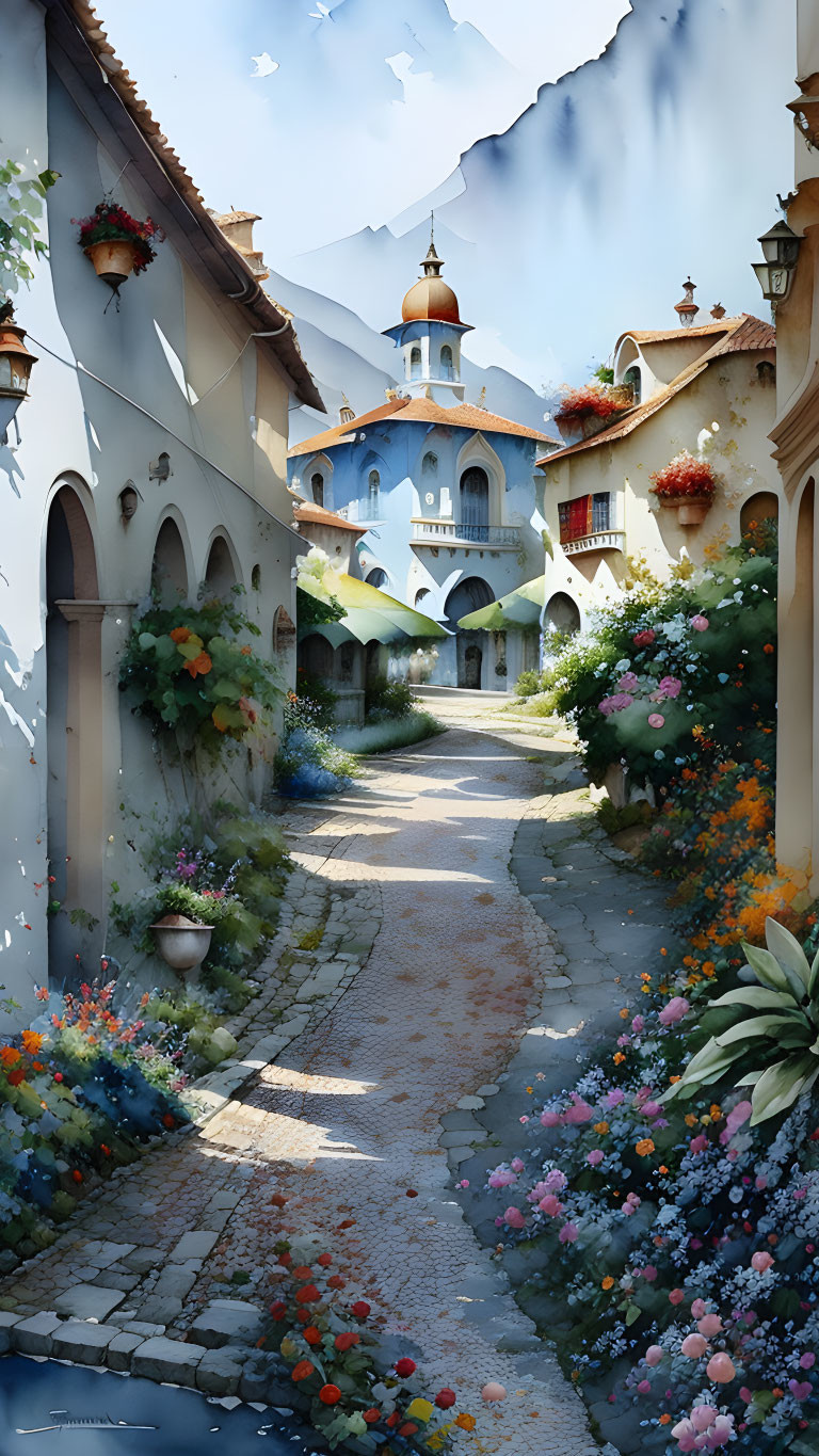 Charming cobblestone street with vibrant flowers and blue-domed building
