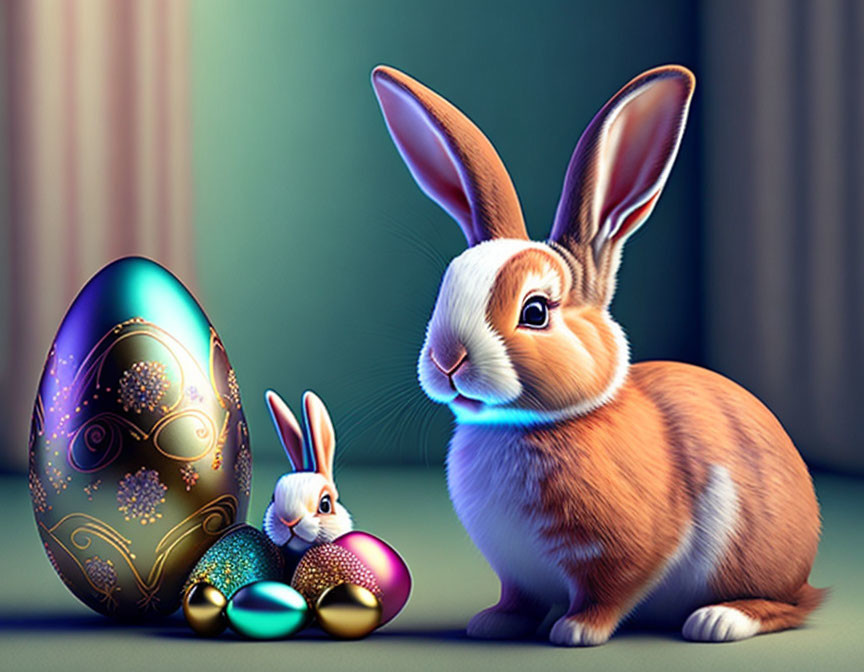 Two rabbits with decorated eggs and giant ornate egg on soft background