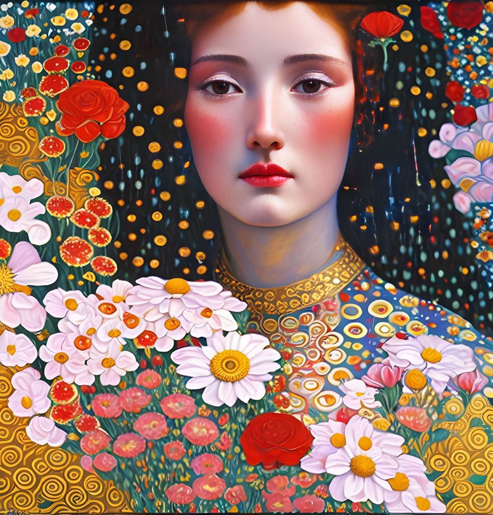 Colorful portrait of a woman with flushed cheeks in a floral setting