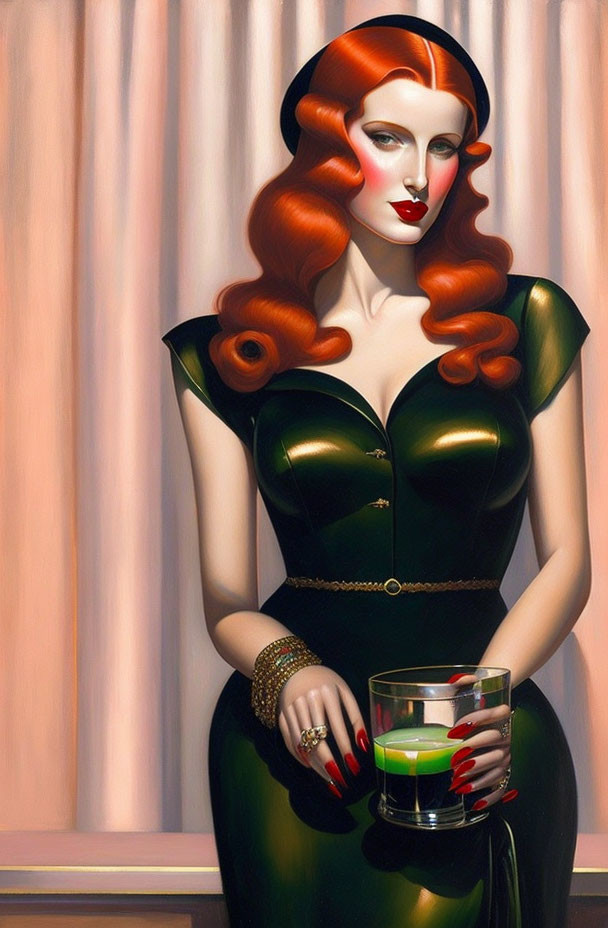 Red-haired woman in retro green dress with drink, against pink background.