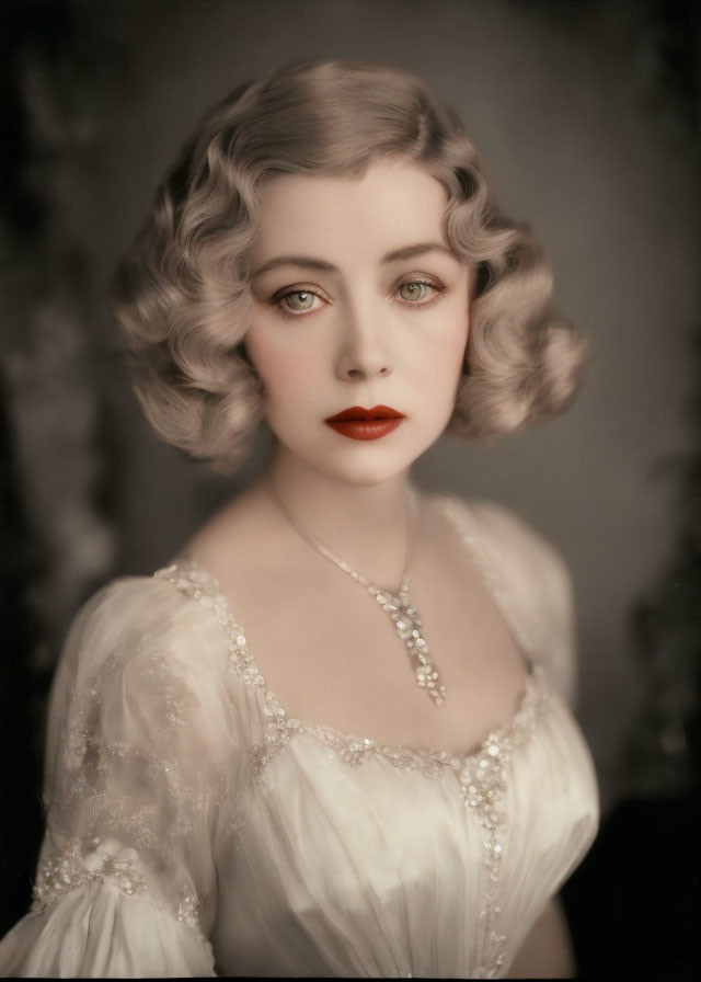 Portrait of woman with marcel wave hairstyle and pearl necklace in white dress