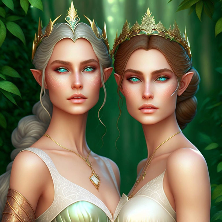 Elven characters with golden crowns and intricate jewelry on lush green background