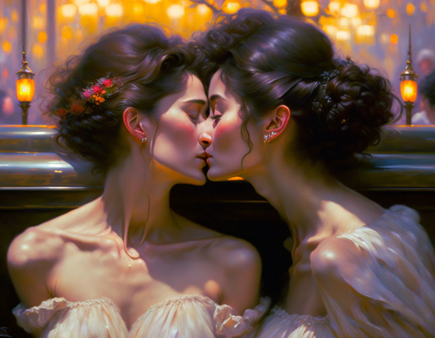 Two women in elegant updos and off-shoulder dresses share a tender moment against warm glowing lantern