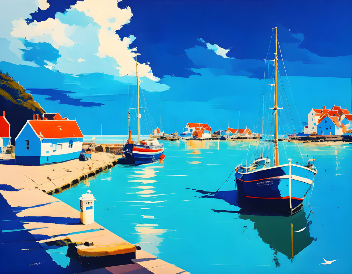 Serene harbor scene with boats, colorful houses, and blue sky