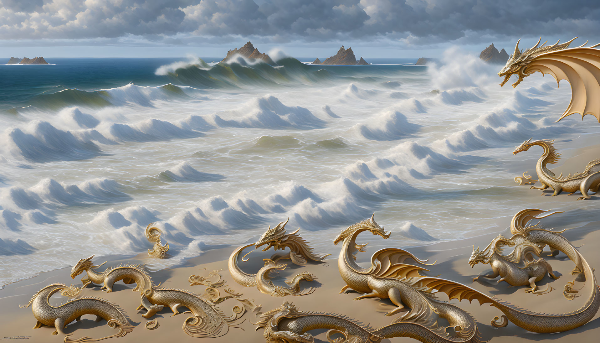 Golden dragons in fantastical seascape with crashing waves and cloudy sky