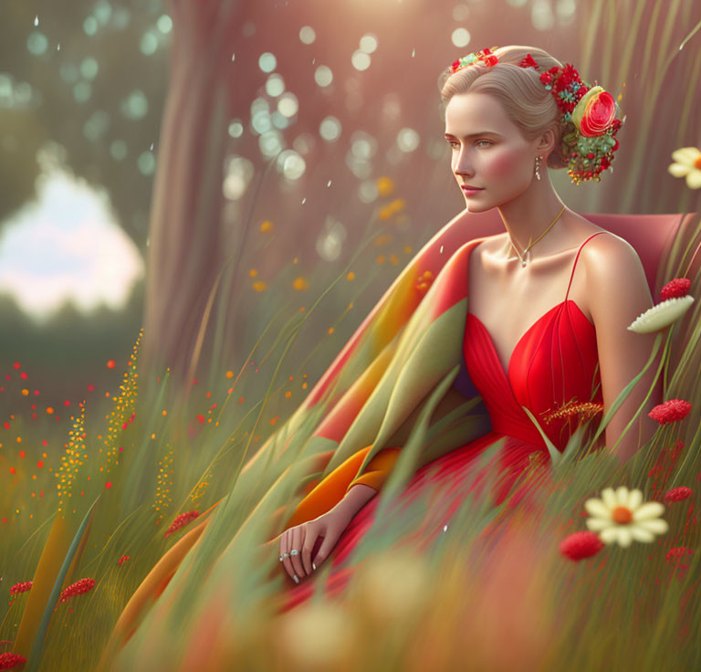 Woman in Red Dress Sitting in Sunlit Field with Flowers in Hair