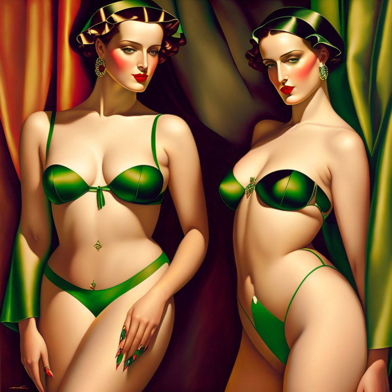 Identical women in green swimwear against multicolored backdrop