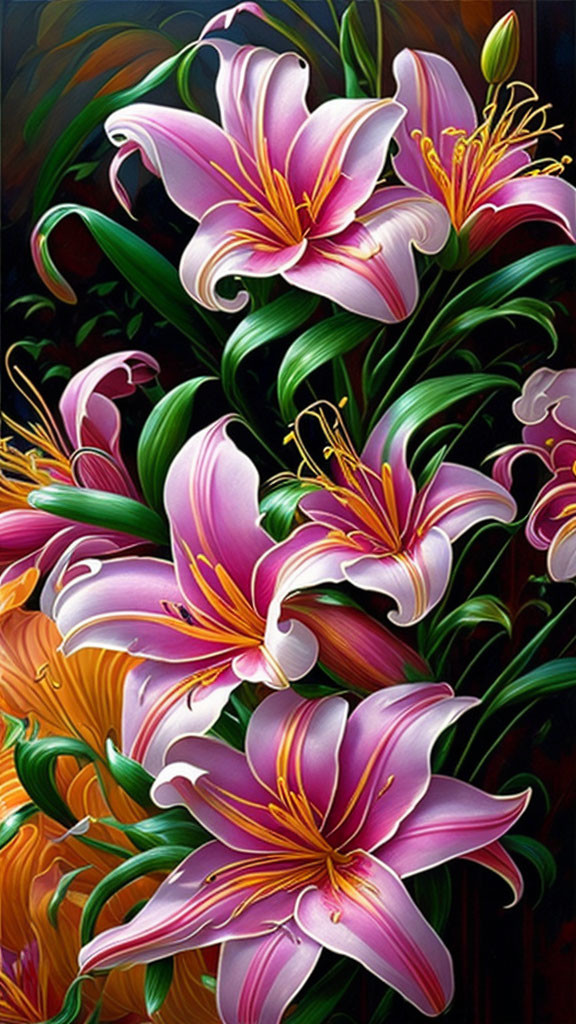Colorful Pink Lilies Painting with Detailed Petals on Dark Background