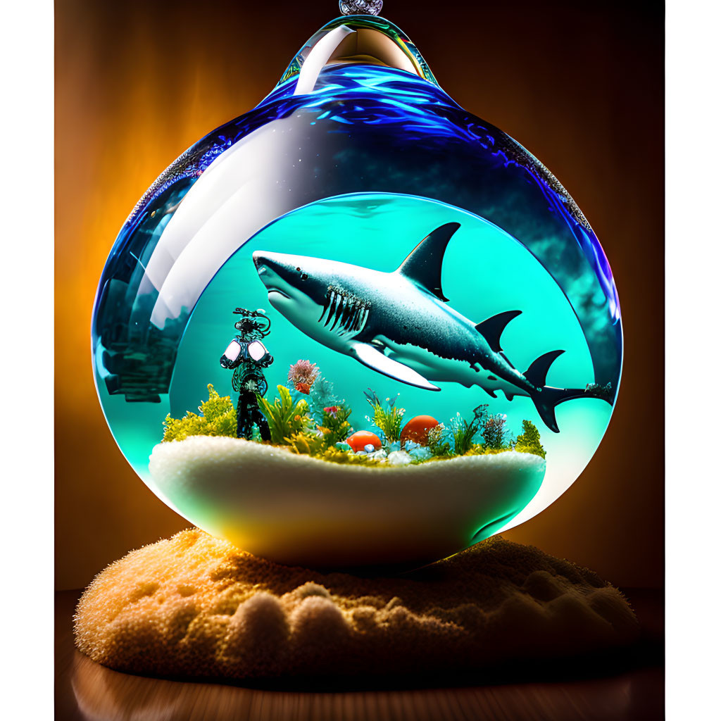 Surreal ornament with underwater shark, coral, fish, and diver