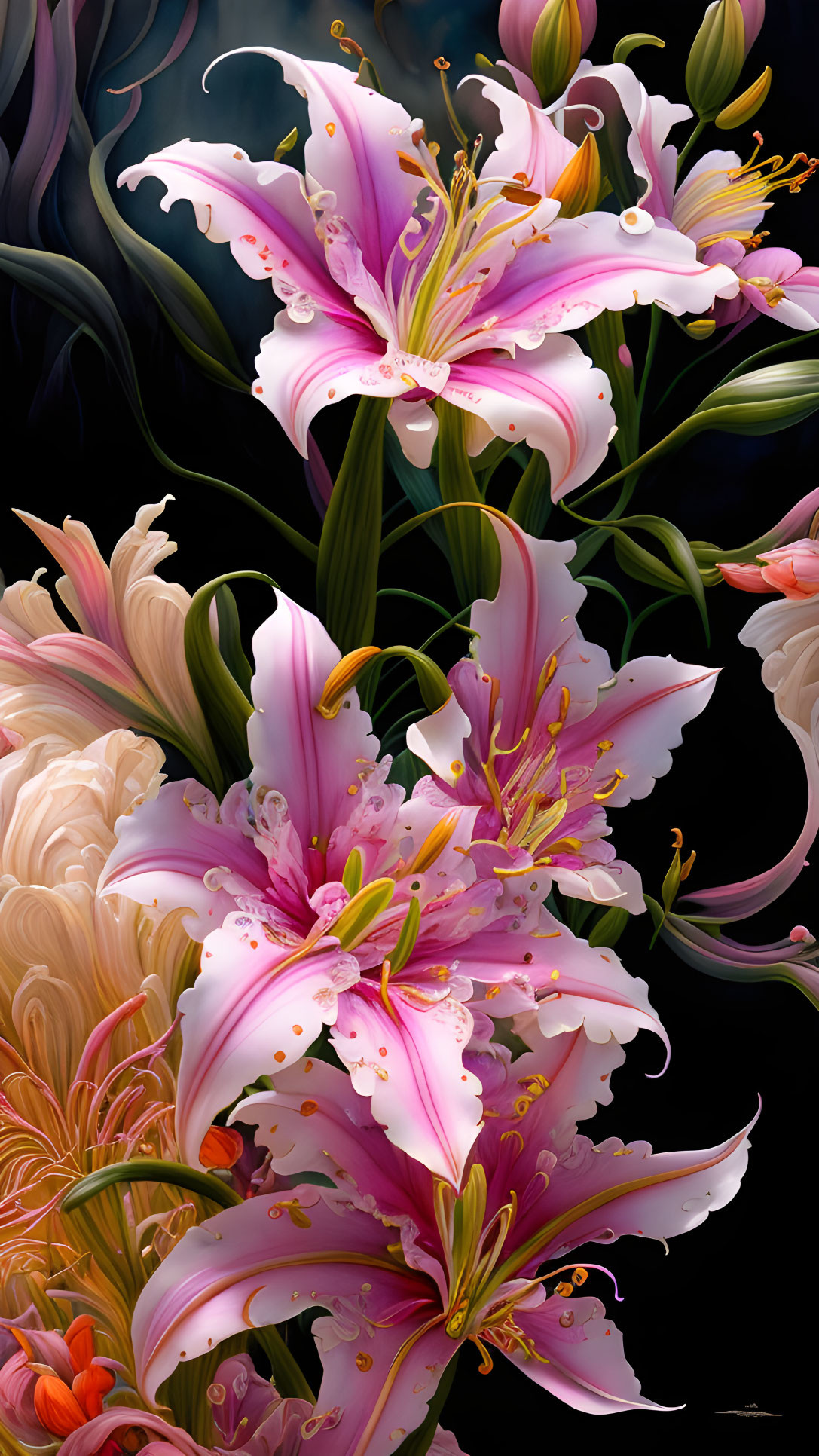 Detailed digital illustration of pink and white lilies on dark background