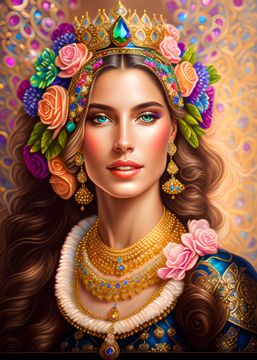 Illustrated woman with long wavy hair in floral crown and opulent jewelry on ornate background