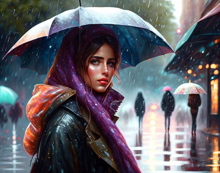 Woman with umbrella in rainy street under colorful scarf