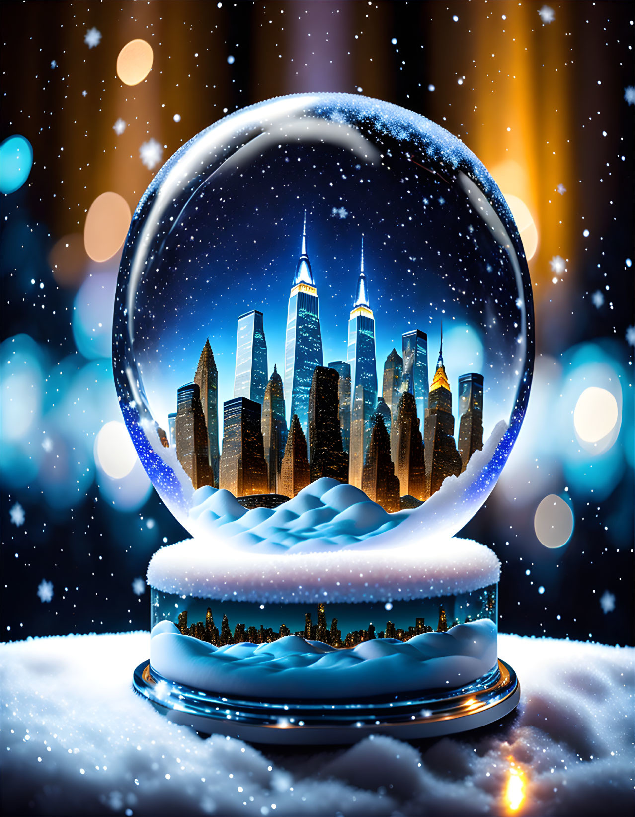 Miniature city skyline snow globe with illuminated buildings and falling snowflakes