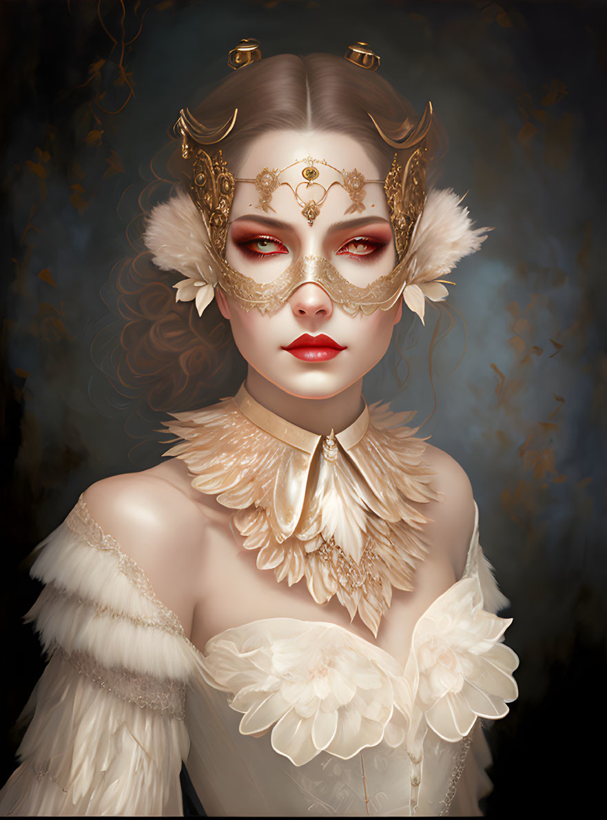 Illustrated woman with golden masquerade mask and feathered accessories on dark background