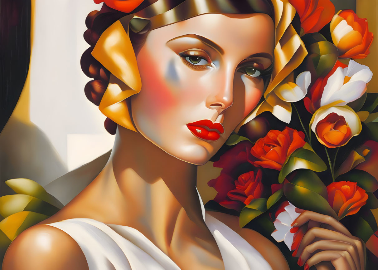 Portrait of Woman with Floral Headdress and Red Lipstick