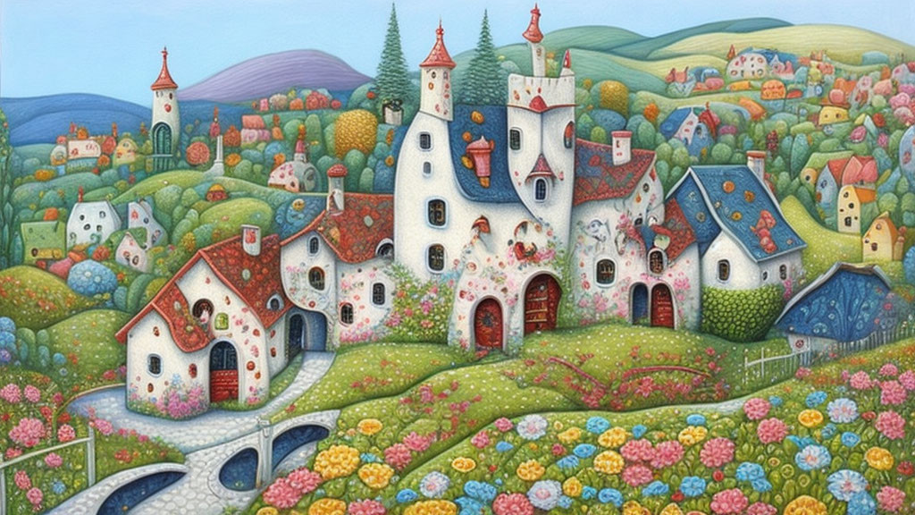 Colorful Fairy-Tale Village Painting with Castle, Cottages, Flowers, Hills, and River