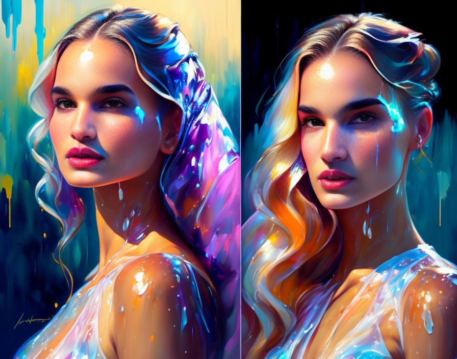 Iridescent Woman with Flowing Hair in Colorful Abstract Background