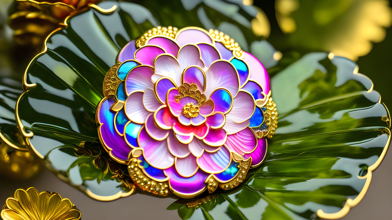 Multicolored Enamel Flower Brooch with Gold Detailing on Green Leaf