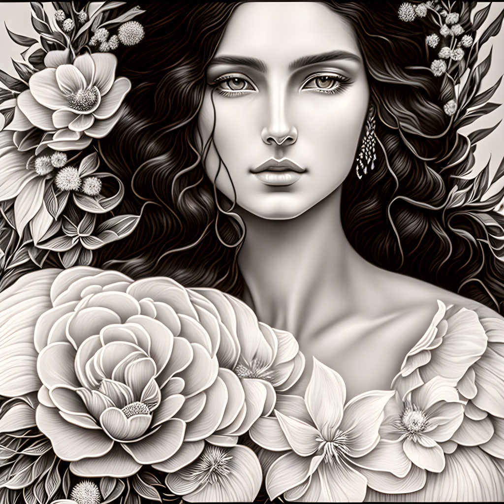 Detailed Monochrome Woman Illustration with Floral Elements