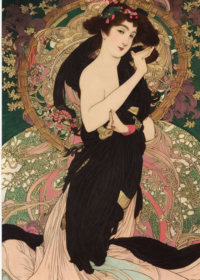 Art Nouveau illustration of elegant woman in flowing robes with floral motifs