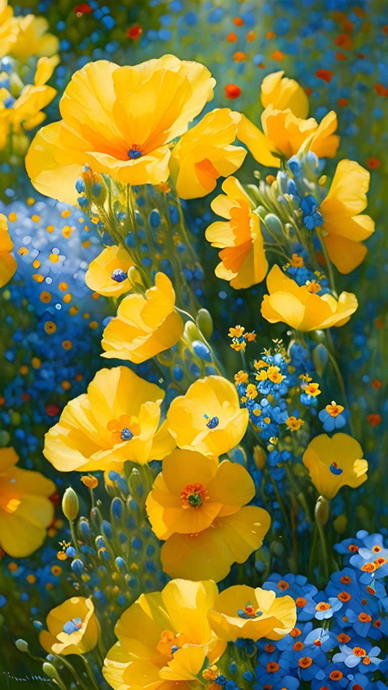 Colorful Flowerbed of Yellow Poppies and Blue Forget-Me-Nots in Sunlight