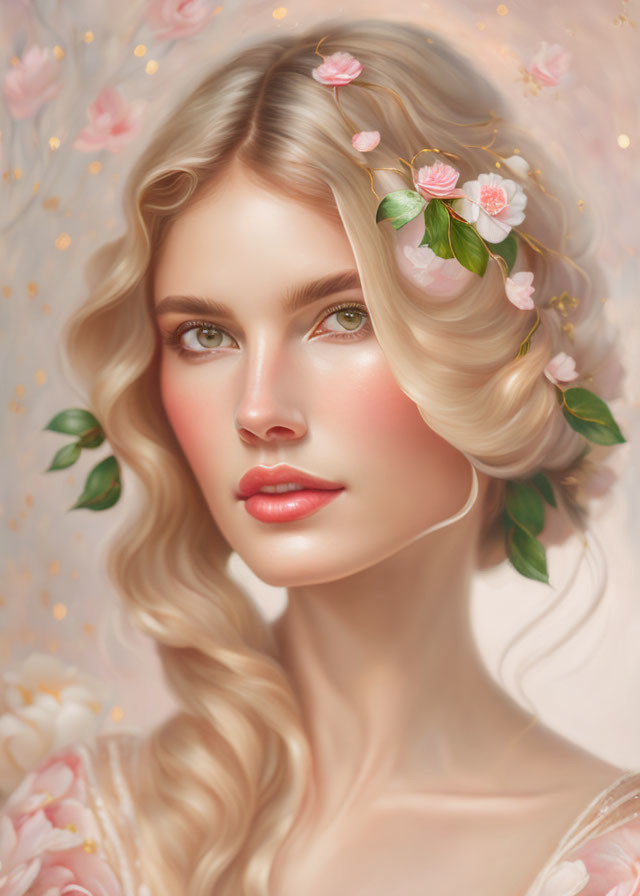 Portrait of a woman with golden hair, pink flowers, green leaves, glowing skin, and green eyes