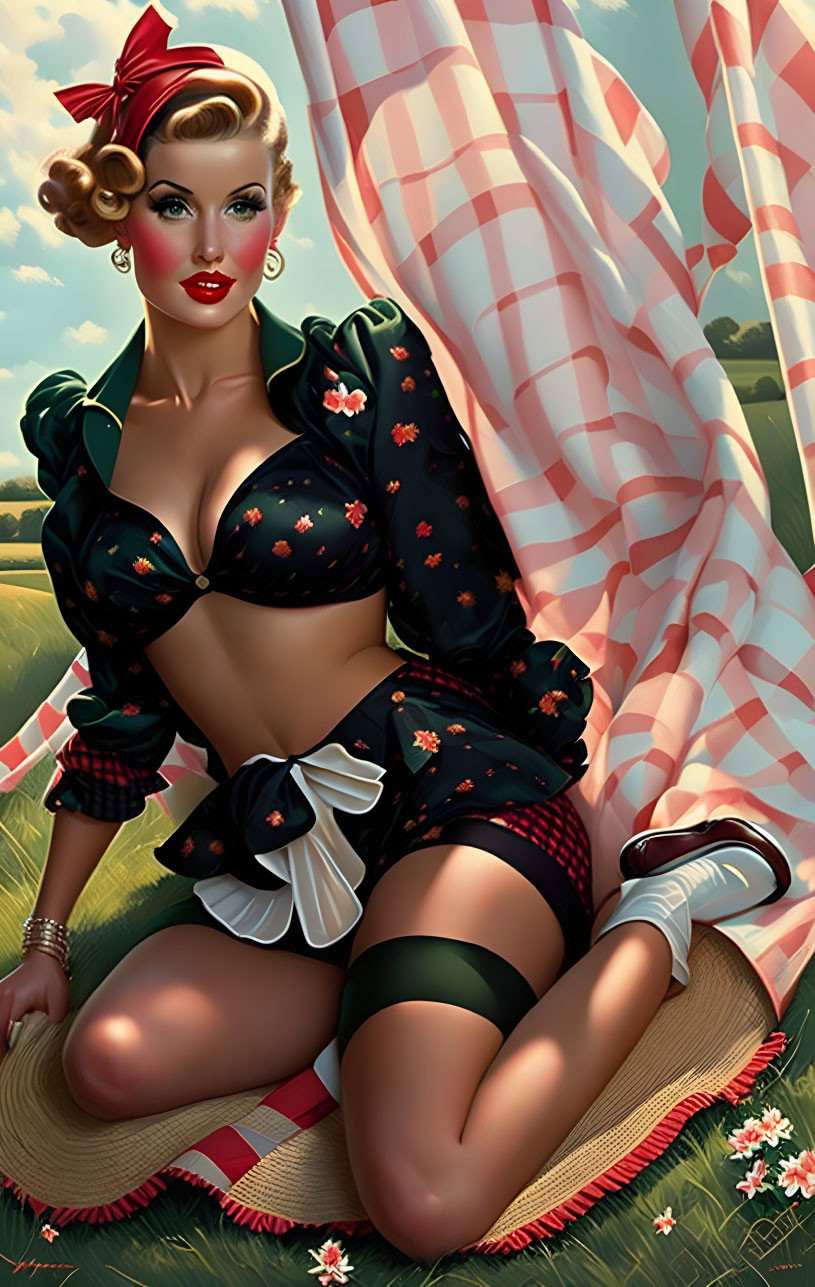 Retro pin-up illustration of woman in vintage clothing outdoors