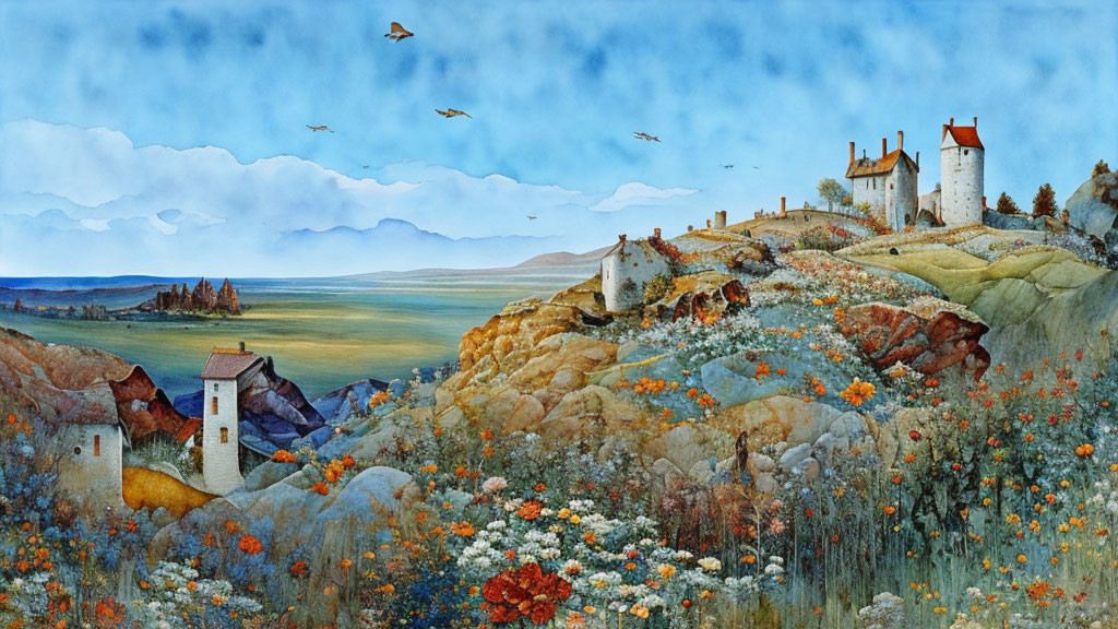 Panoramic painting of serene landscape with rolling hills and medieval-style buildings