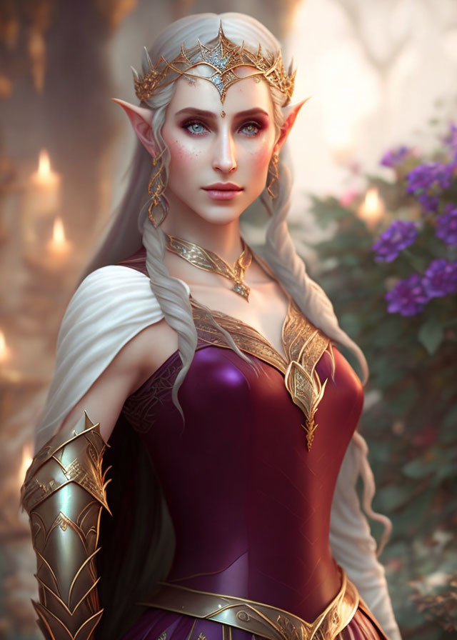 Regal elf with sparkling eyes in golden armor in enchanted forest