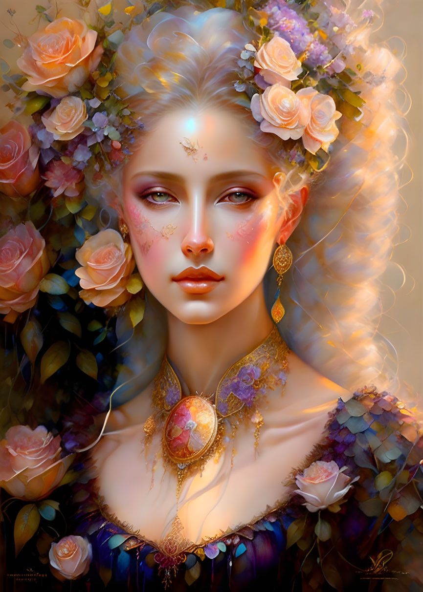 Ethereal woman with rose crown and opulent jewelry