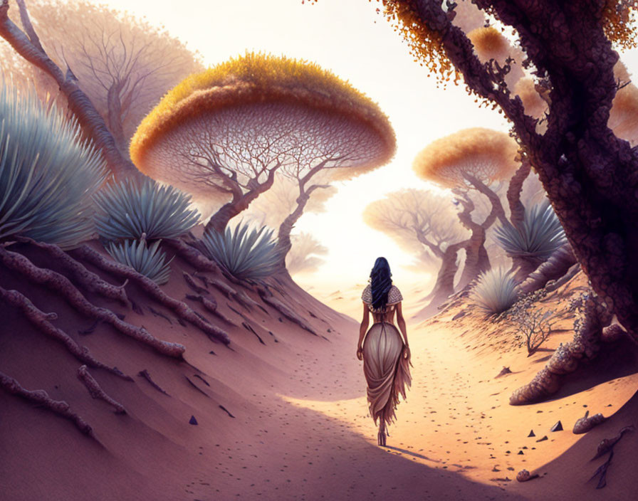 Tribal attire person in surreal desert with oversized flora