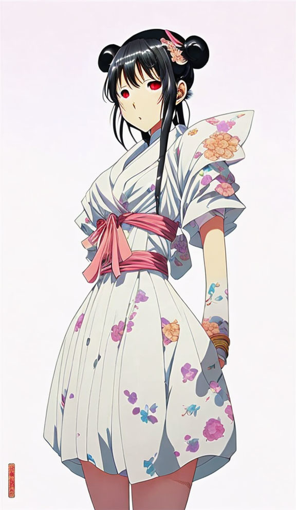 Dark-haired anime girl in floral kimono with pink obi