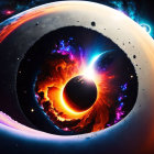 Vibrant digital art: Cosmic scene with fiery eclipse, celestial bodies, colorful nebula.