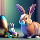 Two rabbits with decorated eggs and giant ornate egg on soft background