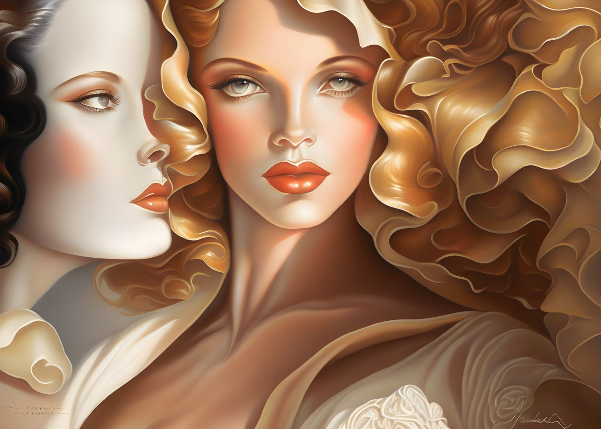 Illustration of two women with flowing hair and vintage glamour makeup