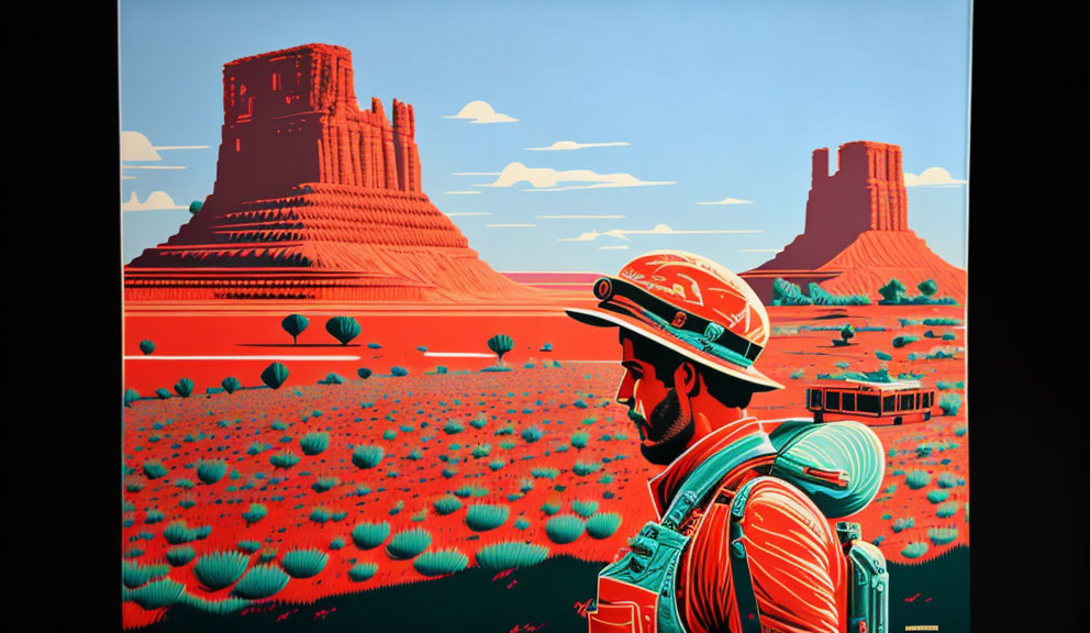 Helmeted Person Contemplating Red and Teal Landscape